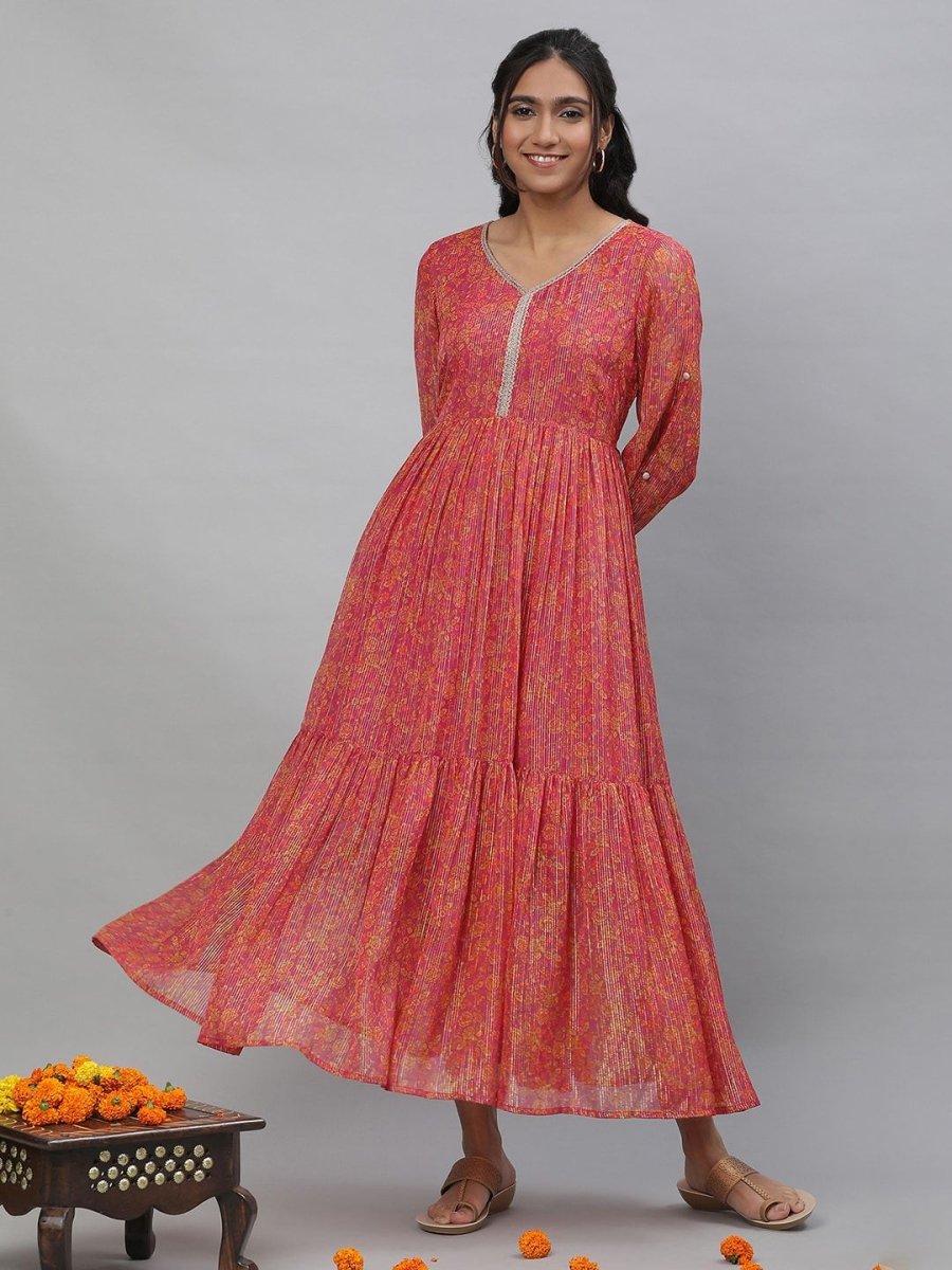 AURELIA Floral Printed Georgette Fit & Flare Tiered Maxi Ethnic Dress