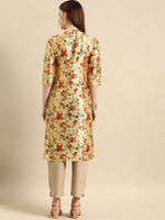 Thumbnail for All About You Women Mustard Yellow & Red Floral Print Chanderi Silk Blend Straight Kurta - Distacart