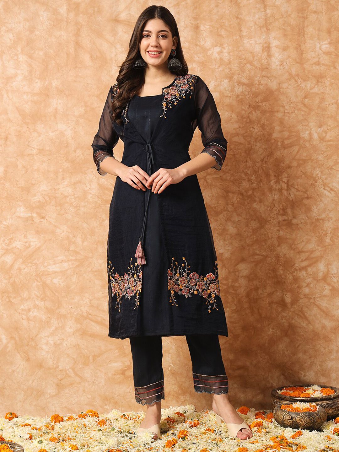 Kalini Floral Embroidered Layered A-Line Kurta with Trousers & Jacket - Distacart