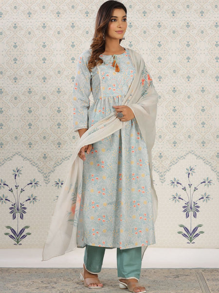 Ode by House of Pataudi Floral Printed Anarkali Kurta with Trousers & With Dupatta - Distacart