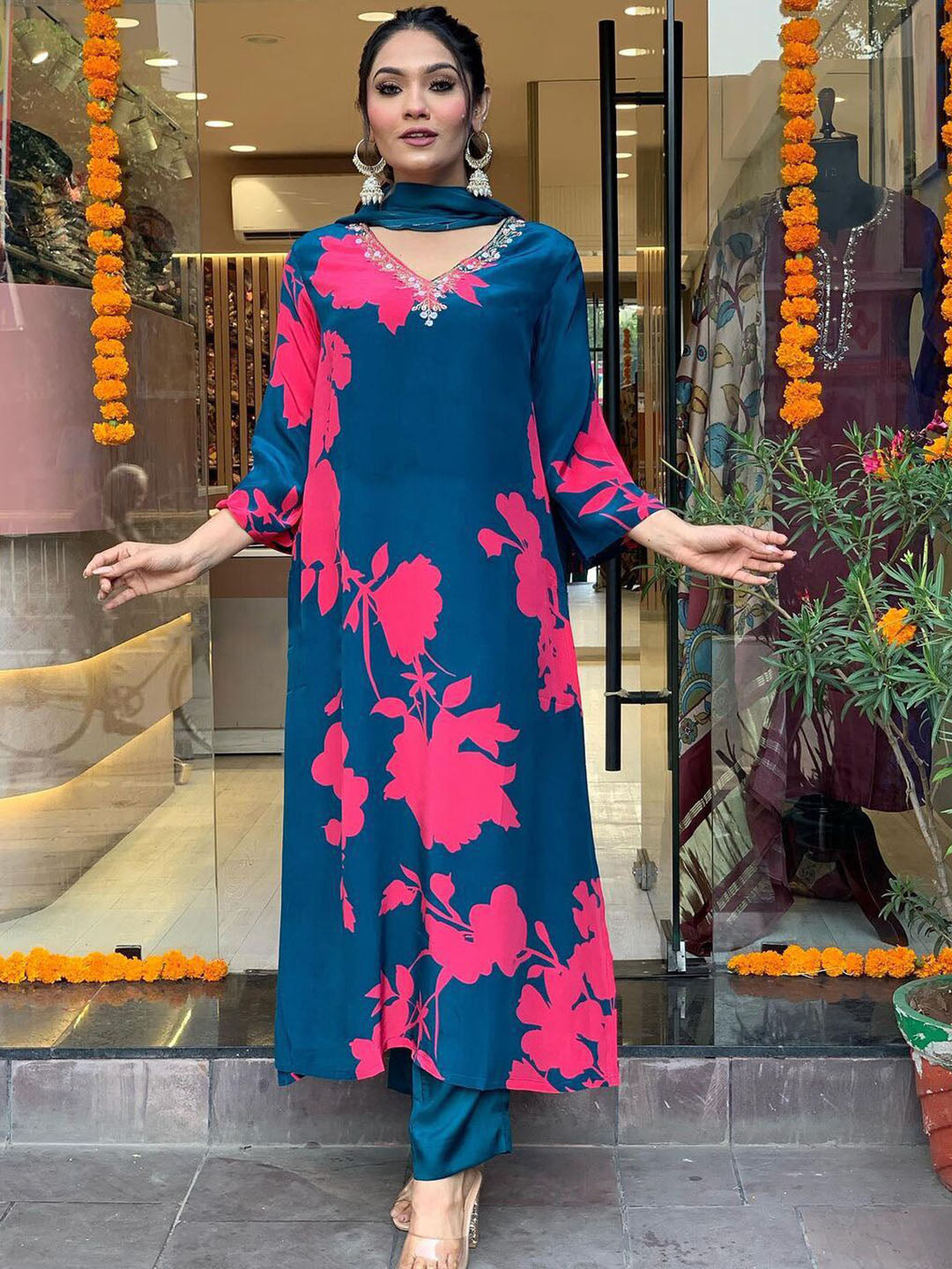 Kalini Floral Printed V-Neck Beads and Stones Kurta With Trousers & Dupatta - Distacart