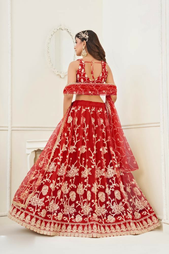 Aastha Fashion Red Butterfly Net White Cotton Thread Work And Sequence Work Embroidery Wedding Wear Lehenga Choli - Distacart