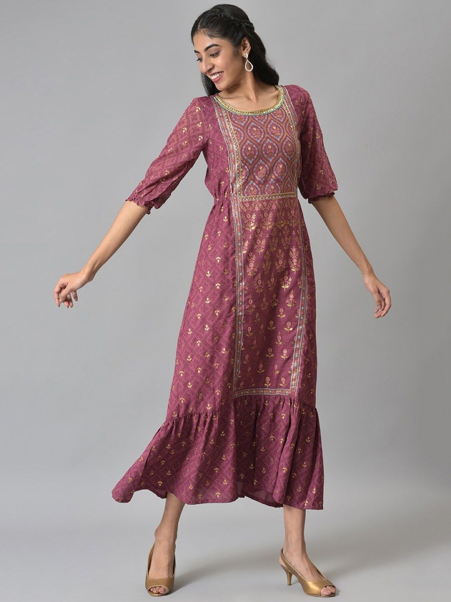 AURELIA Maroon Ethnic Motifs A-Line Maxi Dress