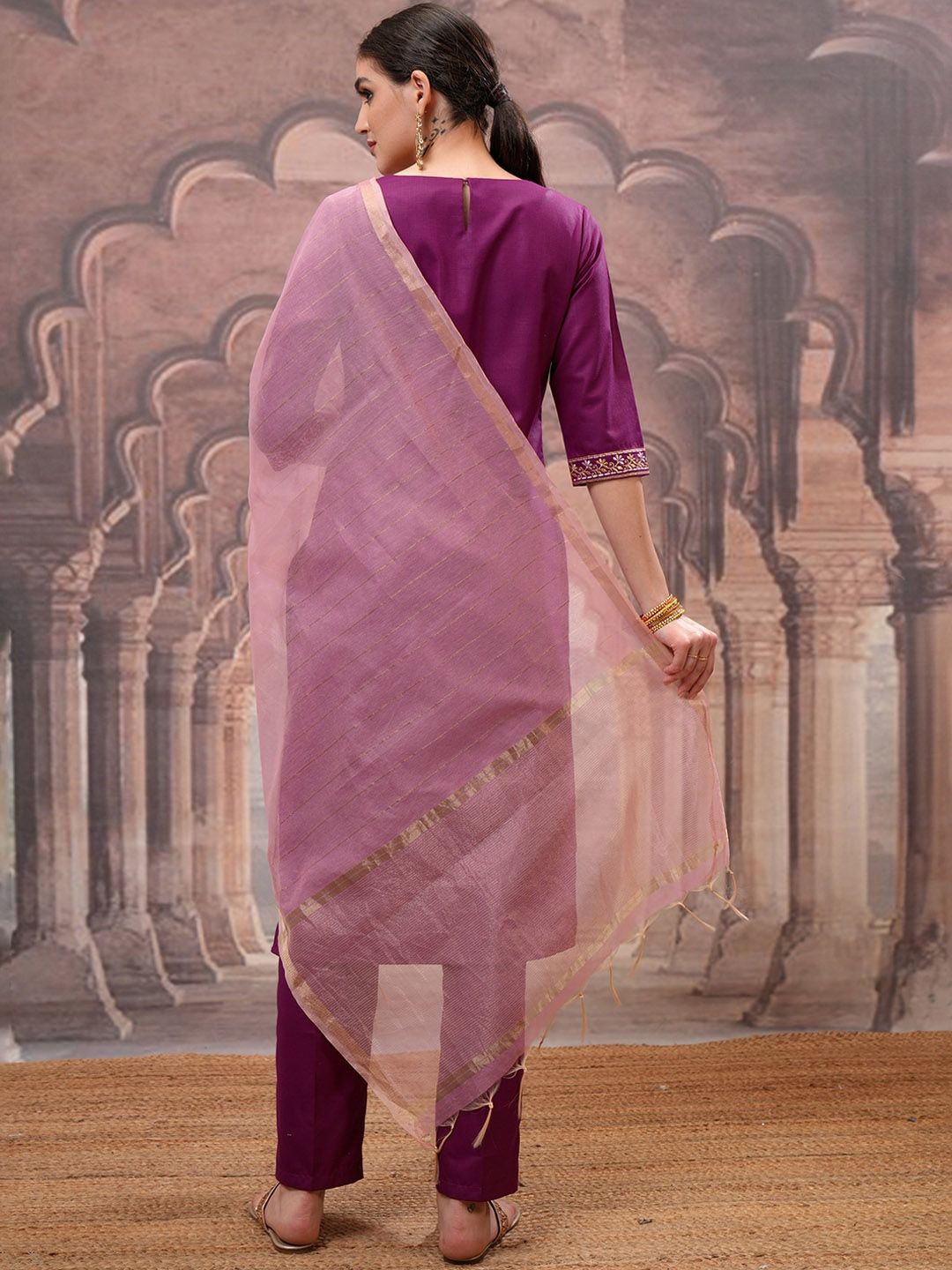 Vishudh Magenta Ethnic Motifs Embroidered Straight Kurta with Trouser & Dupatta