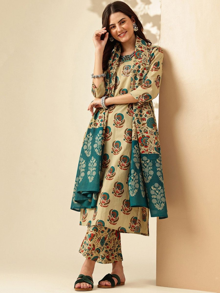 Anouk Ethnic Motifs Printed Regular Pure Cotton Kurta With Trousers & Dupatta - Distacart
