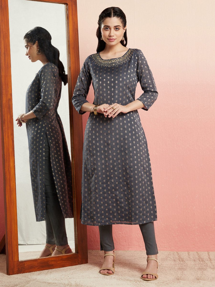 Aks Ethnic Motifs Woven Design Mirror Work Chanderi Silk Kurta - Distacart