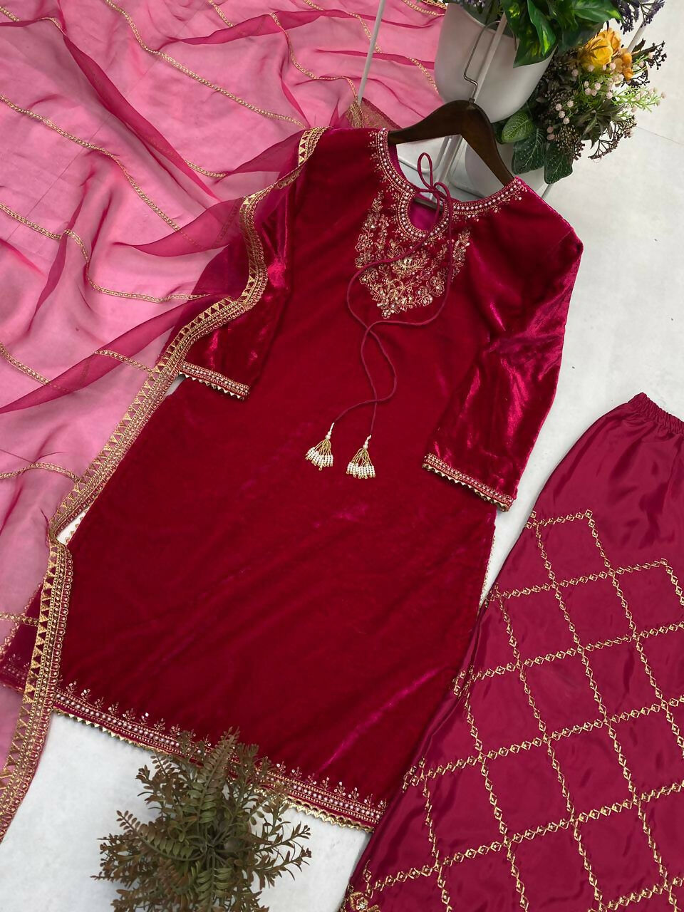 Vastranavya Pink Velvet Sequence Embroidery Work Kurta & Bottom With Dupatta
