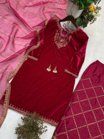Thumbnail for Vastranavya Pink Velvet Sequence Embroidery Work Kurta & Bottom With Dupatta