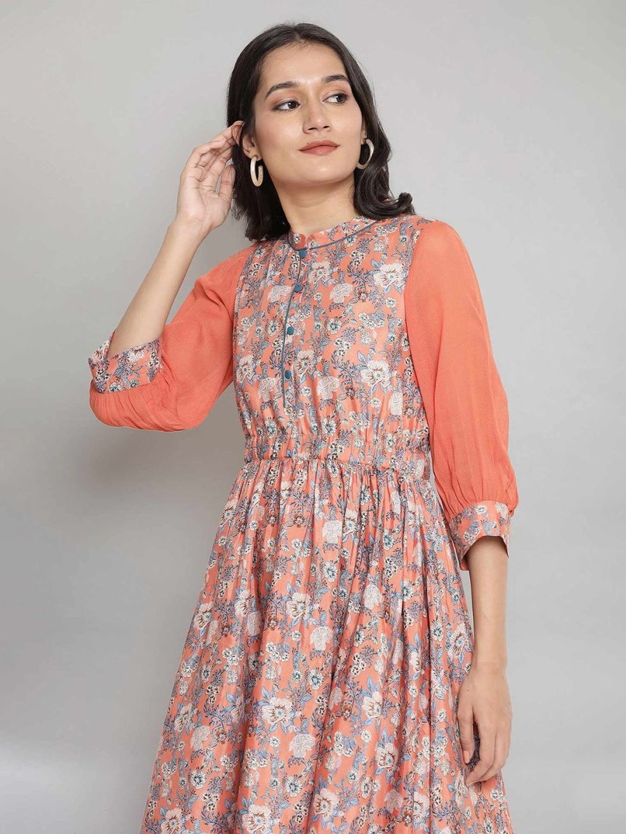 AURELIA Peach-Coloured & Blue Floral Printed Asymmetric Midi Fit & Flare Dress