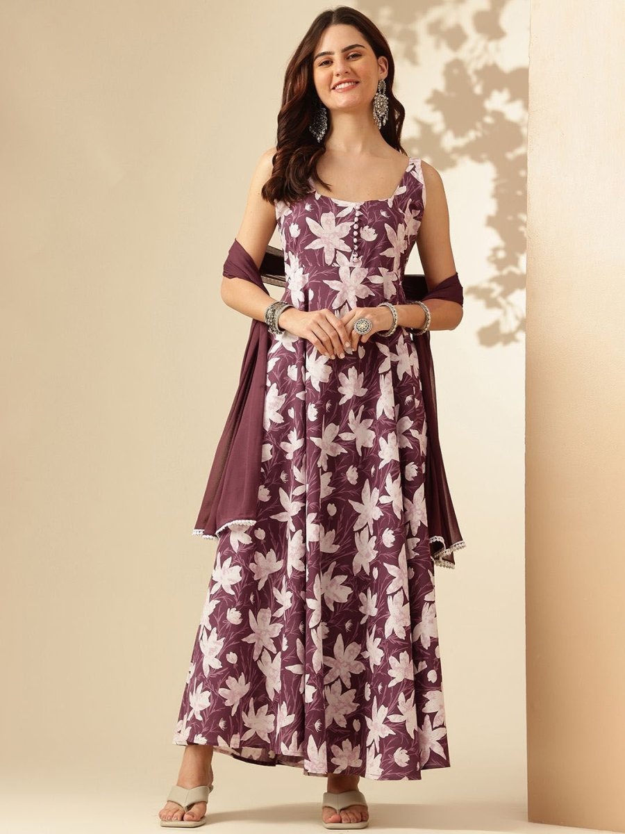 Anouk Floral Printed Square Neck Sleeveless Pure Cotton Anarkali Kurta - Distacart