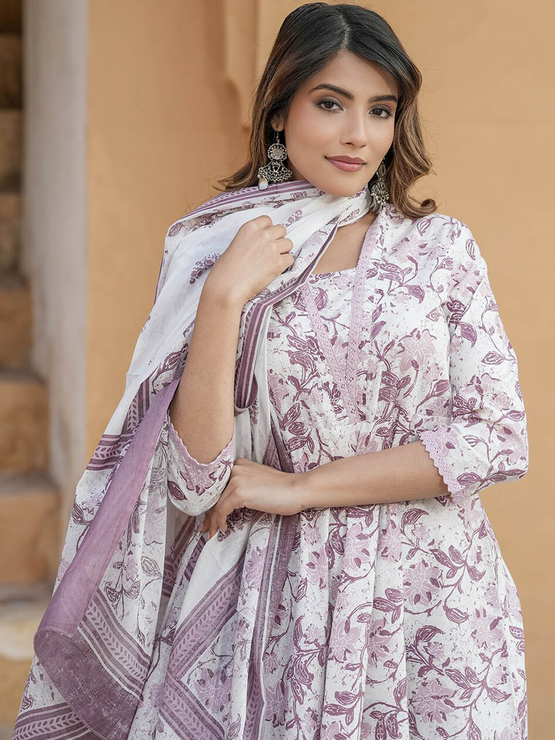 Kalini Floral Printed V-Neck Thread Work Anarkali Cotton Kurta with Trousers & Dupatta - Distacart