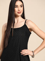 Thumbnail for Anouk Women Black Cotton Ethnic Motifs Schiffli Embroidered Fusion Kurta - Distacart