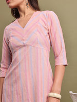 Thumbnail for Vishudh Striped V-Neck Cotton Kurta