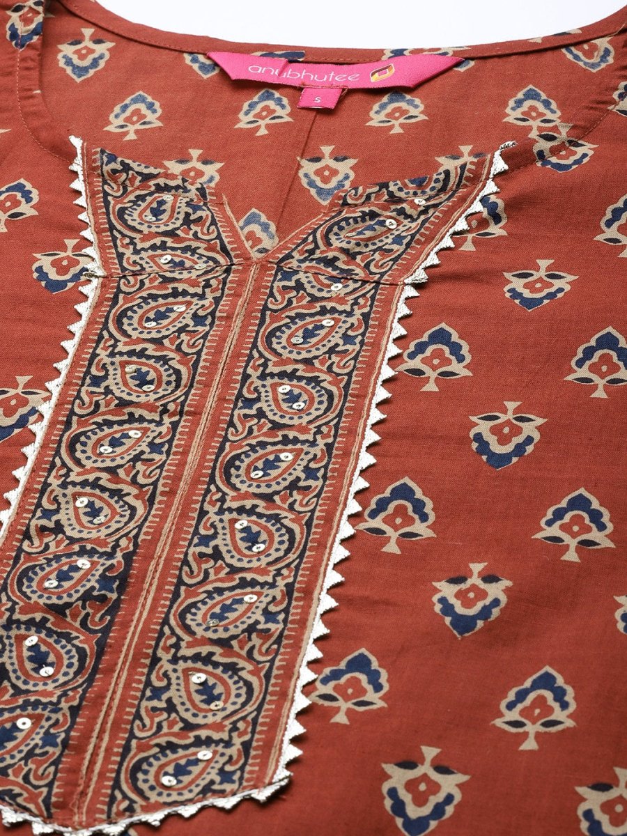 Anubhutee Women Rust Red Ethnic Motifs Printed Pure Cotton Kurta with Trousers & Dupatta - Distacart