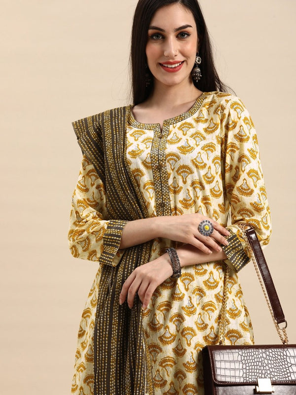 Anouk Women Off White & Mustard Yellow Pure Cotton Printed Kurta with Palazzos & Dupatta - Distacart