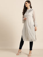 Thumbnail for All About You Women Grey Bell Sleeves Yoke Design Thread Work Dobby Kurta - Distacart
