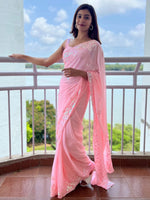 Thumbnail for Anouk Pink Embellished Sequinned Pure Georgette Saree - Distacart