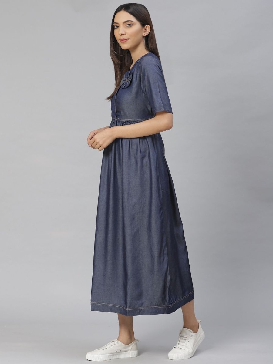AURELIA Women Navy Blue Solid Chambray Maxi Dress - Distacart