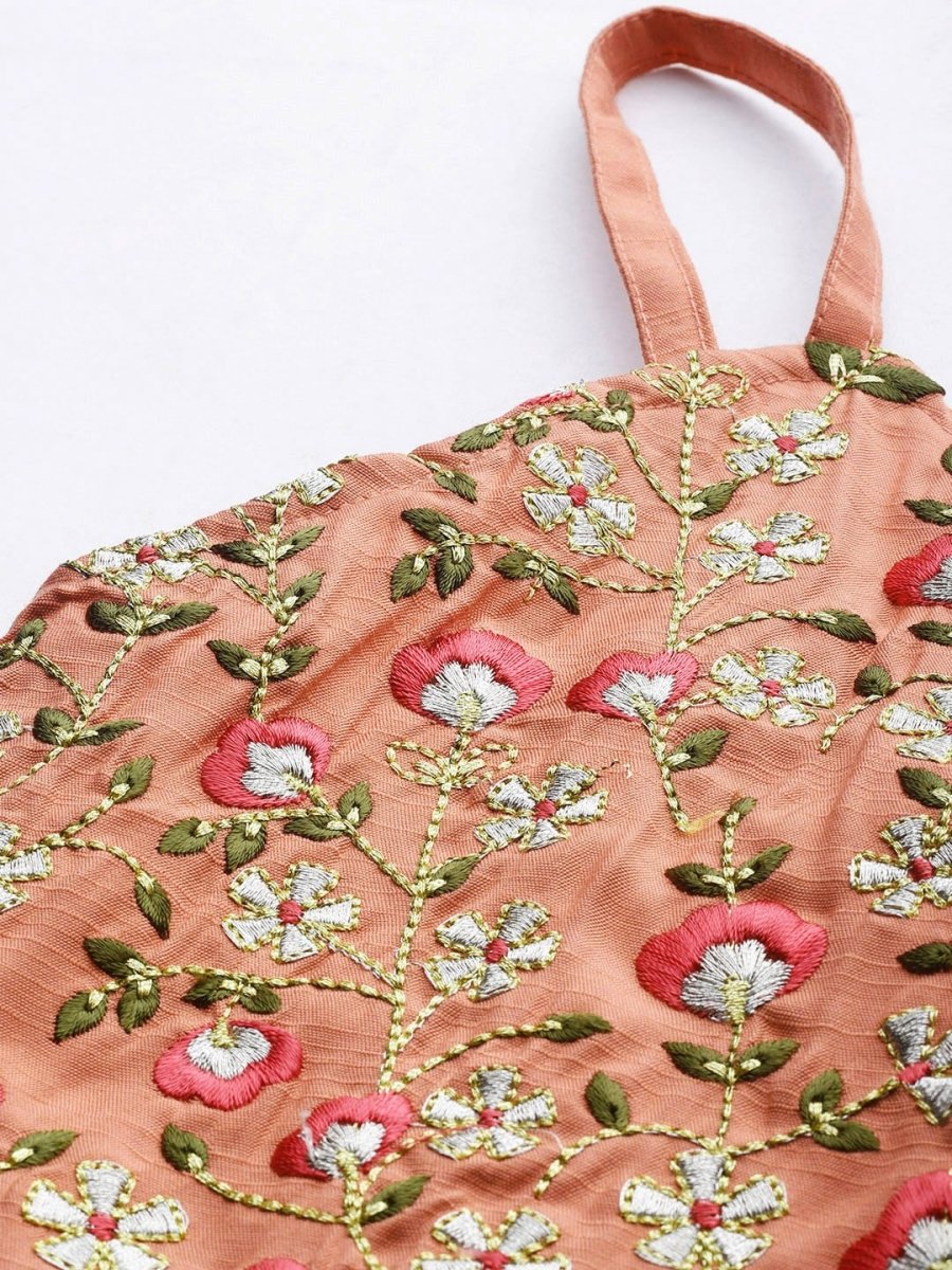 Anouk Women Peach-Coloured & Green Embroidered Top with Palazzos and Jacket - Distacart