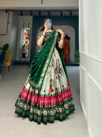 Thumbnail for Vastranavya Floral And Patola Print With Foil Work Lehenga with Unstitched Blouse - Green - Distacart