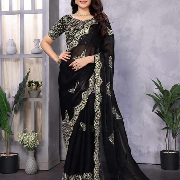 Vastranavya Black Embroidery Work Shimmer Chiffon Saree with Unstitched Blouse