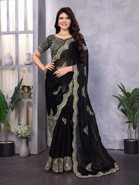 Vastranavya Black Embroidery Work Shimmer Chiffon Saree with Unstitched Blouse