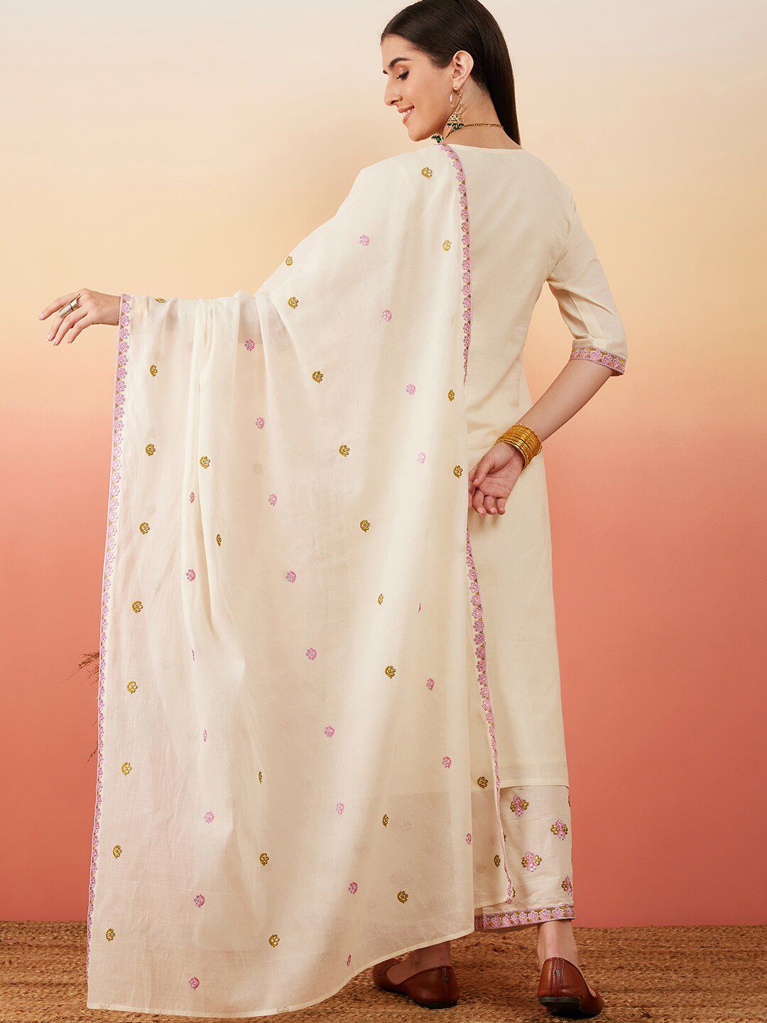 Sangria Floral Embroidered Pure Cotton Straight Kurta With Palazzo & Dupatta