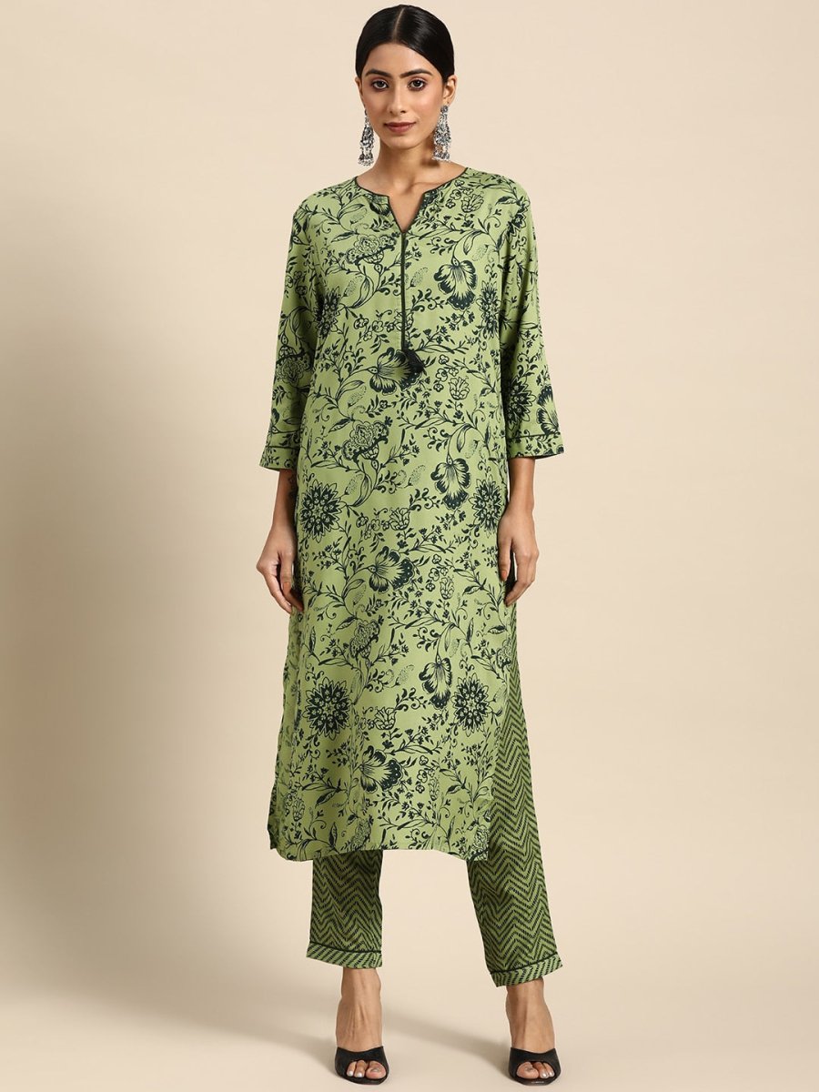 All About You Women Green Ethnic Motifs Printed Kurta with Trousers - Distacart