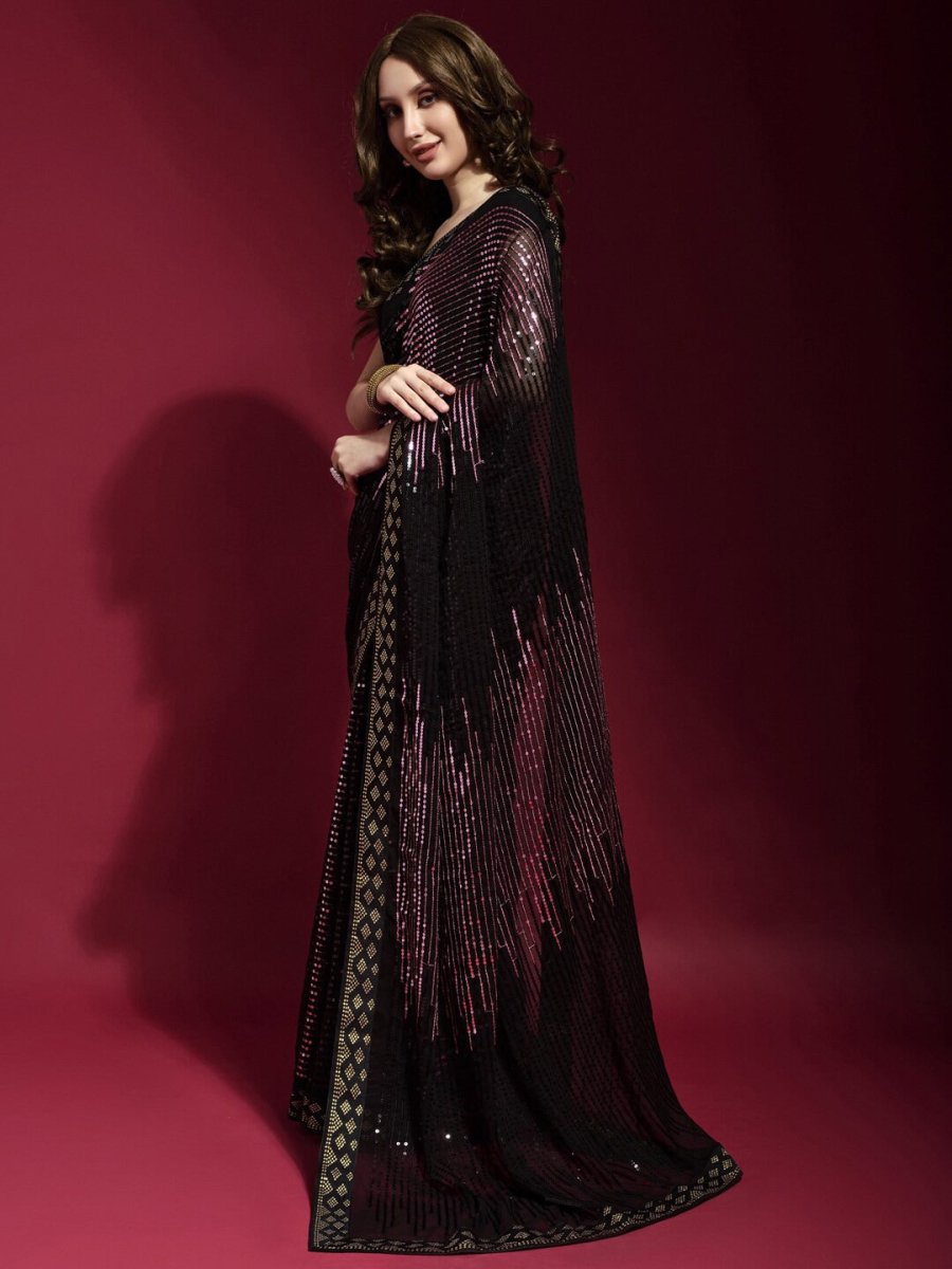 Anouk Black & Pink Embellished Sequinned Pure Georgette Saree - Distacart