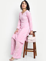 Thumbnail for ADA Floral Embroidered Round Neck Long Sleeve Regular Chikankari Kurta With Palazzos - Distacart