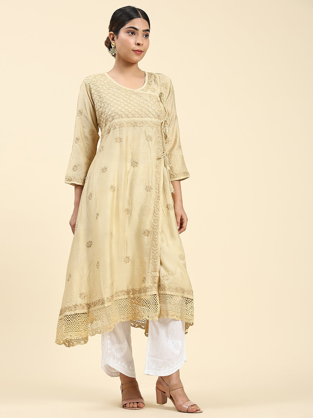 HOUSE OF KARI Embroidered Chikankari Chanderi Silk Anarkali Kurta - Distacart
