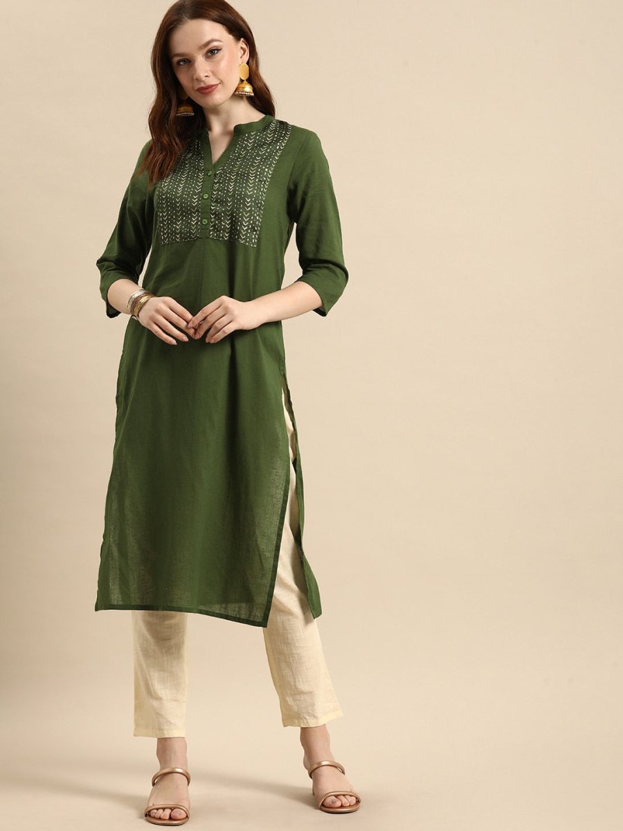 All About You Women Olive Green Geometric Yoke Design Pure Cotton Kurta - Distacart