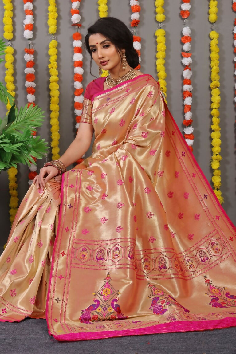Jyoti Fashion Women's Rani Pink Paithani Silk Zari Woven Saree with Blouse - Distacart