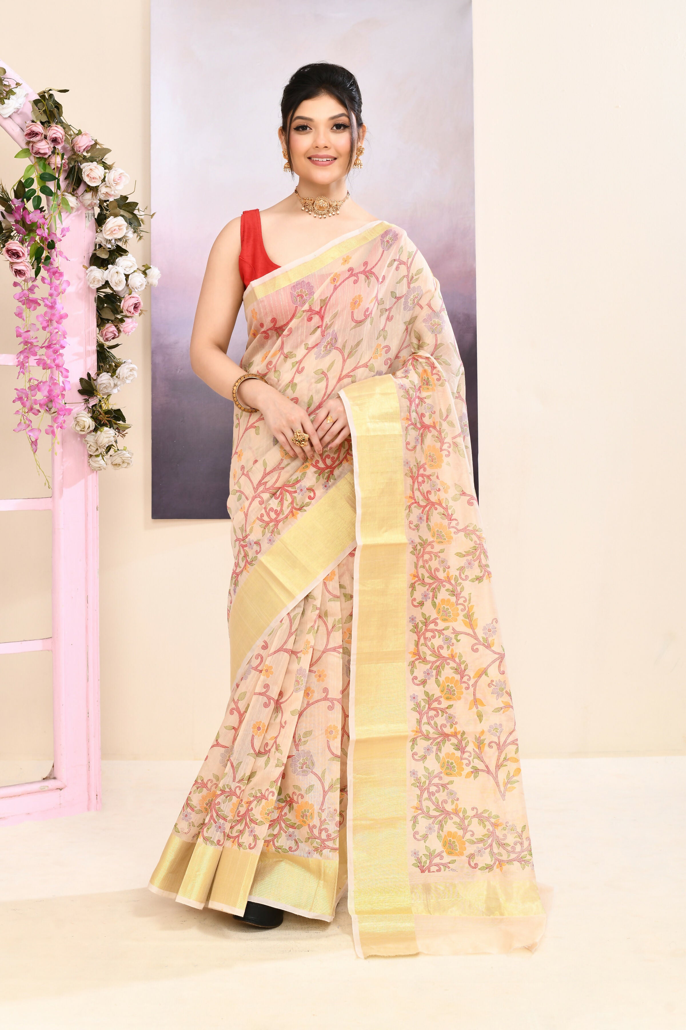 Piyari Fashion Women's Beige Embellished Cotton Blend Printed Saree - Dista