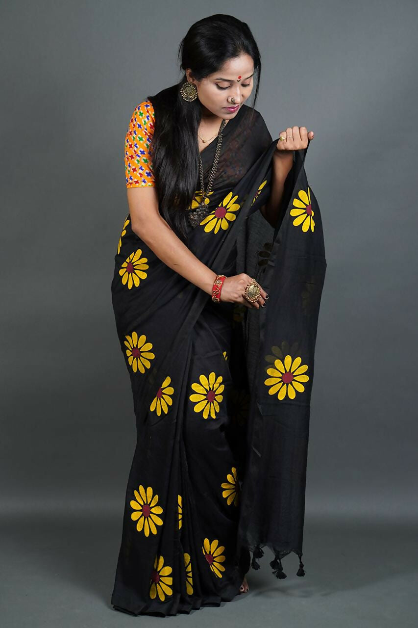 Exclusive Collection Black Pure Cotton Saree With Sunflower Design