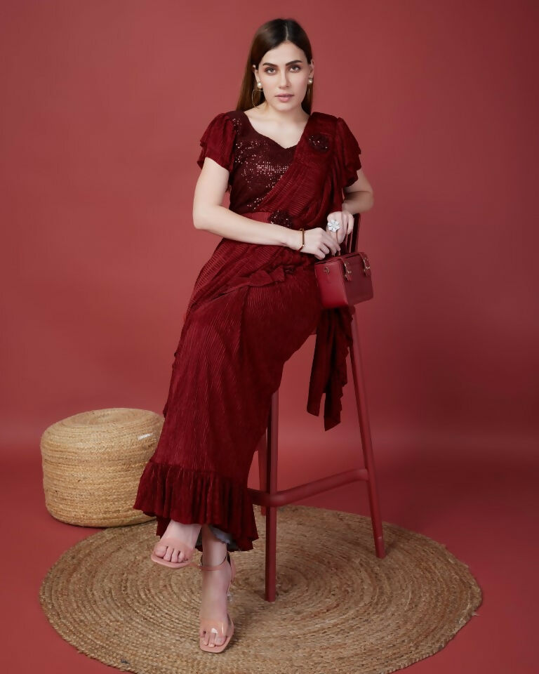 Maroon Imported Crush Solid Ready to Wear Saree with stitched Blouse - Aayan - Distacart