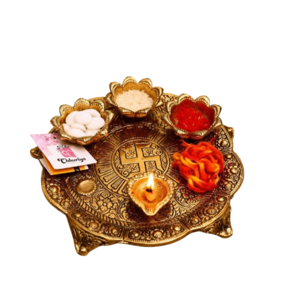 Chhariya Crafts Metal Pooja Thali With Diya - Dista