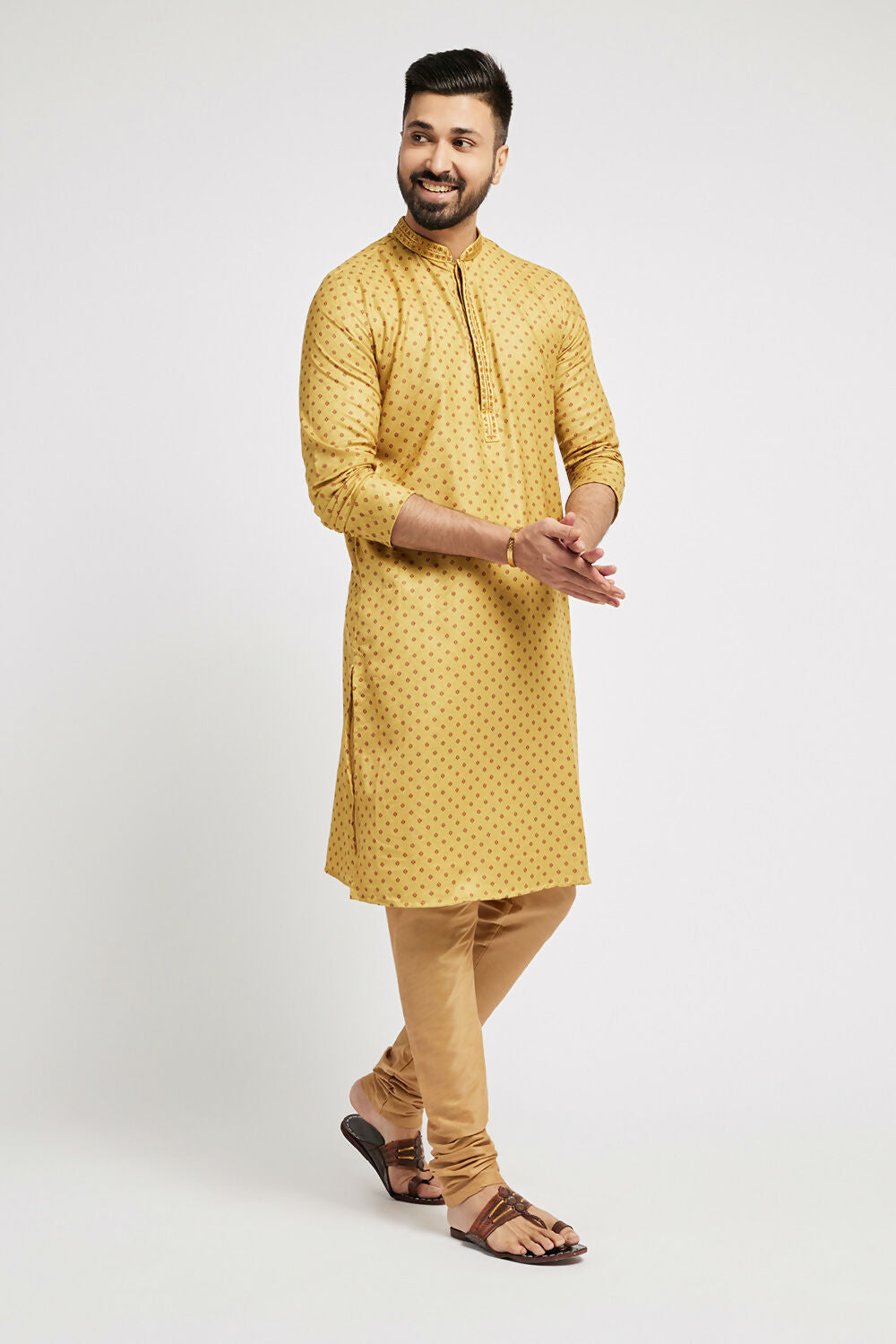 Ethnic India Yellow Men's Kurta Abstract Polyester - Distacart