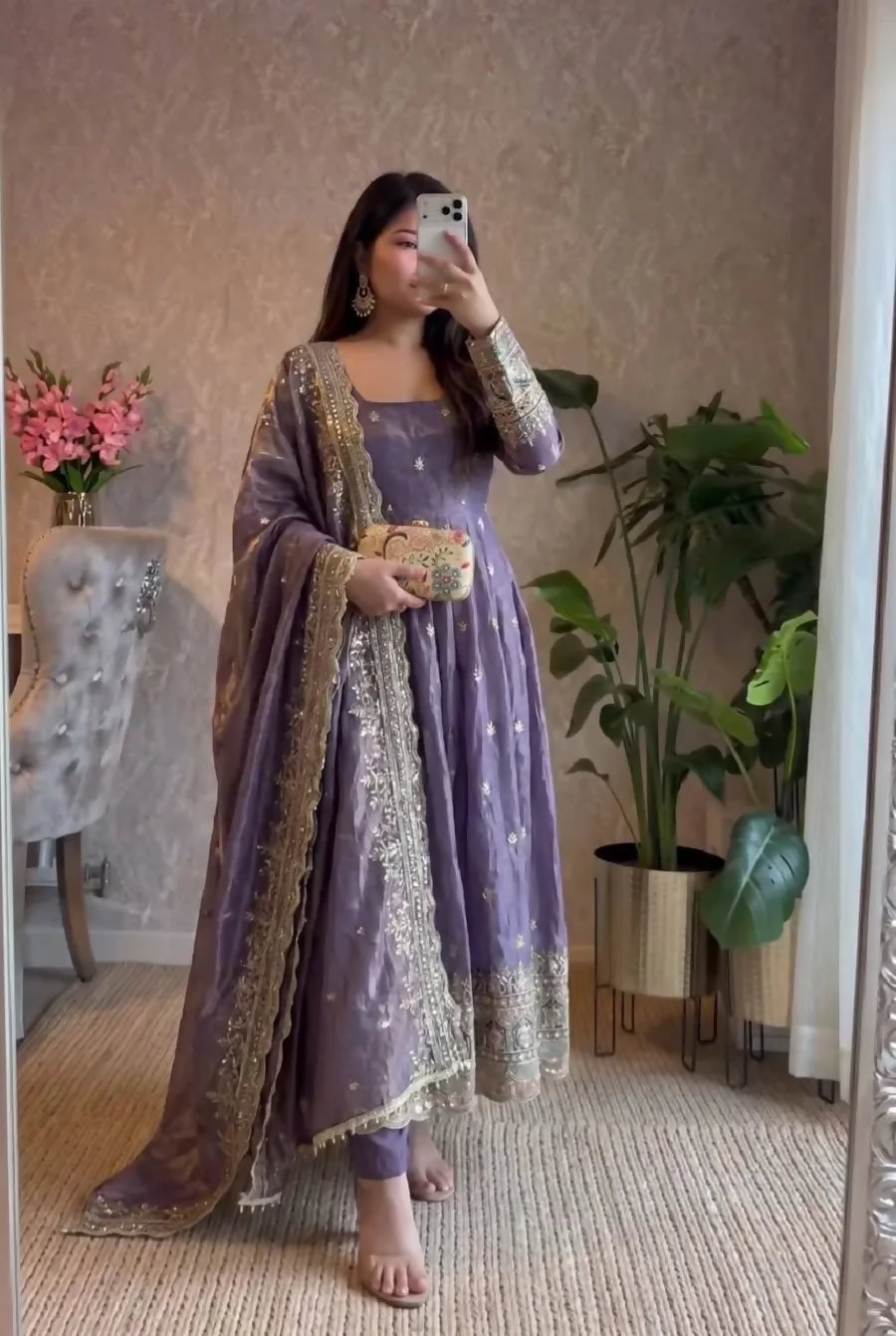 Teeya Creation Womens New Trendy Stylish Lavender Zari Embroidered Silk Anarkali Suit Set with Dupatta - Dista