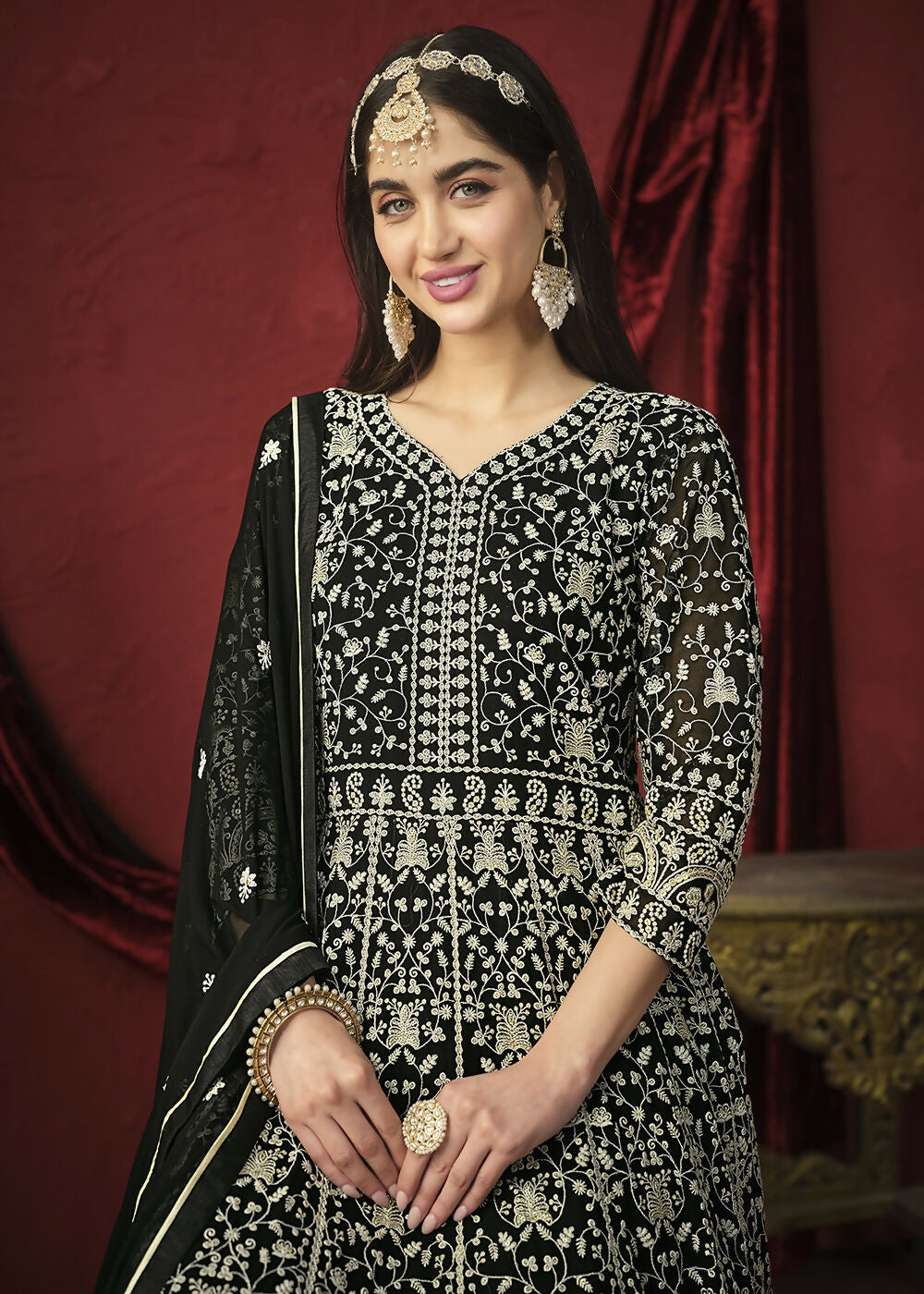 Stunning Black Front & Back Embroidered Trendy Anarkali Suit - Emponline - Distacart