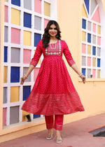 Thumbnail for Alvano Women's A-line Naira Cut Embroidery work Print Kurti with Pant and Dupatta set Rayon (Red) - Distacart