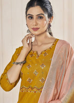 Thumbnail for Jyoti Fashion Women's Mustard Pure Viscose Weaving Stripe with Embroidery Kurta Set - Distacart