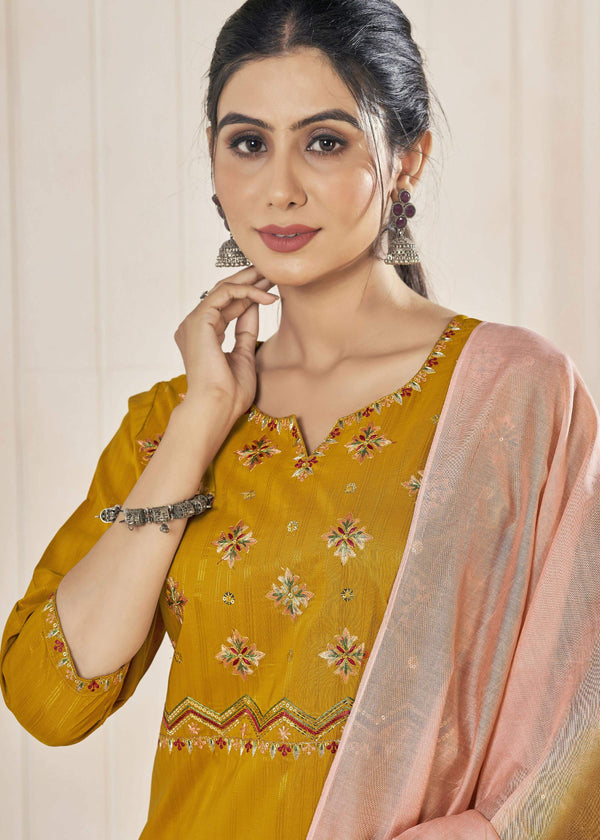 Jyoti Fashion Women's Mustard Pure Viscose Weaving Stripe with Embroidery Kurta Set - Distacart