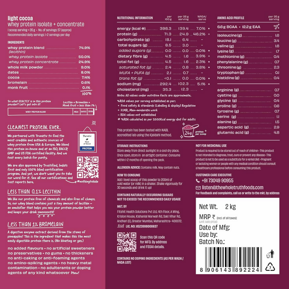 The Whole Truth Whey Protein Isolate+Concentrate - Light Cocoa