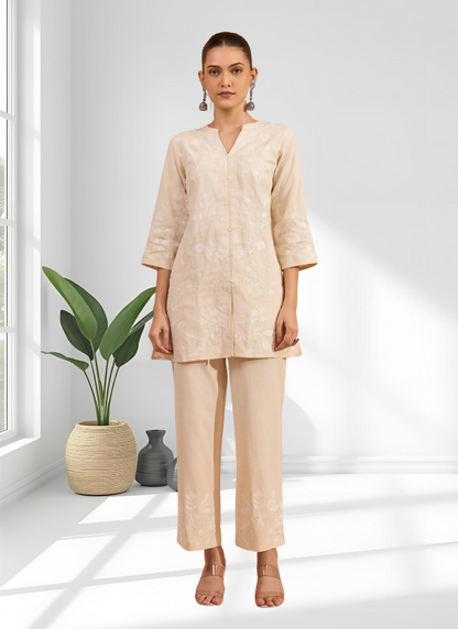 Joban Fashion Cream Linen Embroidered Readymade Cord Set - Distacart