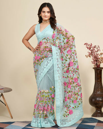Teeya Creation Womens Latest Stylish Party Wear Soft Net Saree-Blue - Dista