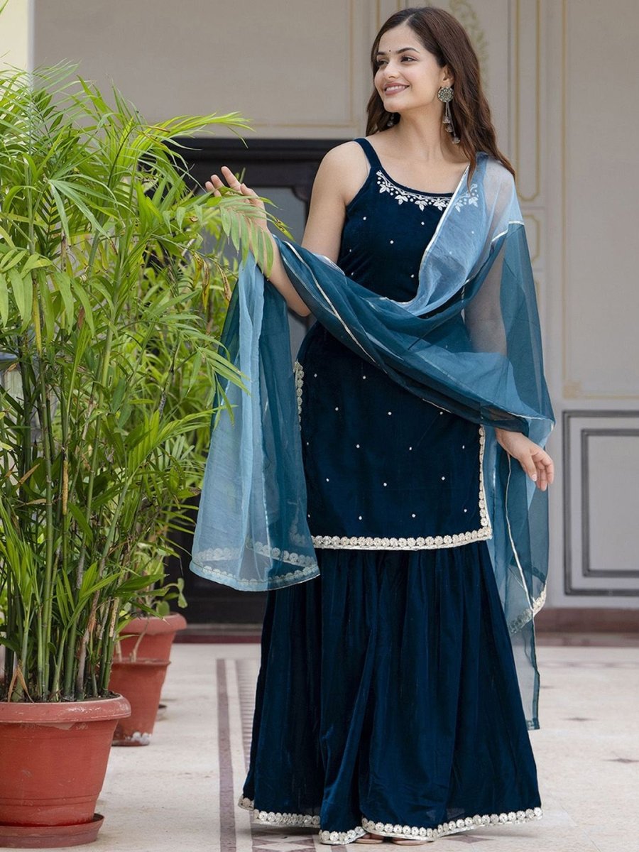 Anouk Women Embroidered Empire Beads and Stones Velvet Kurti with Sharara & With Dupatta