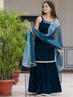 Thumbnail for Anouk Women Embroidered Empire Beads and Stones Velvet Kurti with Sharara & With Dupatta