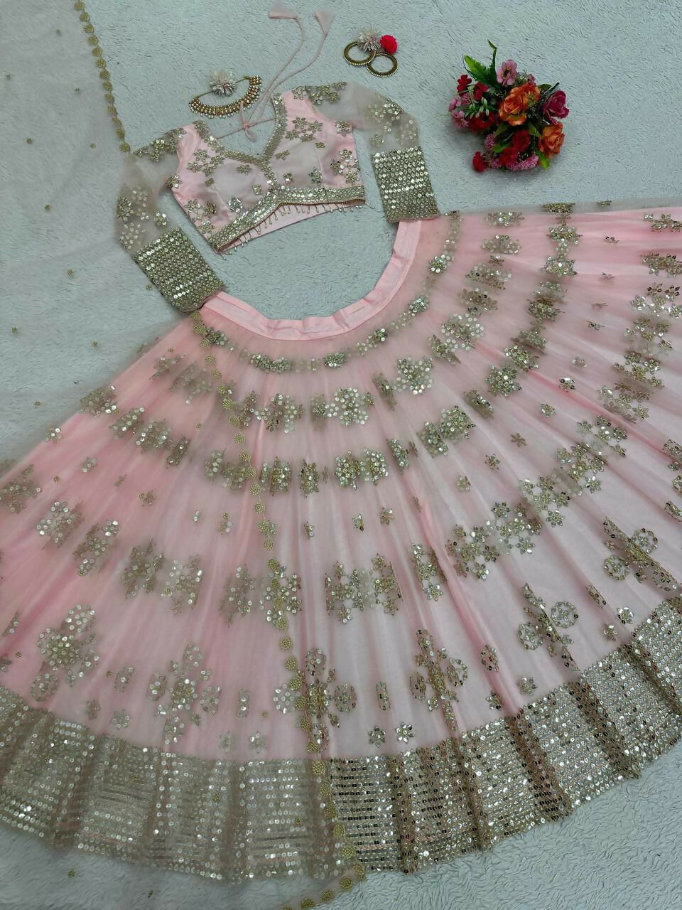 Jyoti Fashion Women's Baby Pink Butterfly Net 9MM Sequins with Thread Embroidered Designer Lehenga Choli Set - Distacart