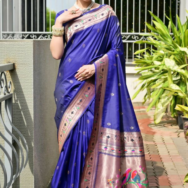 Vishnu Weaves Women's Royal Paithani Silk Zari Woven Saree with Blouse